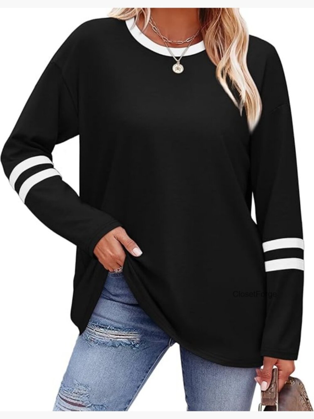 Long Sleeve Color Block Casual Top Crew Neck Tee Fall Outfits